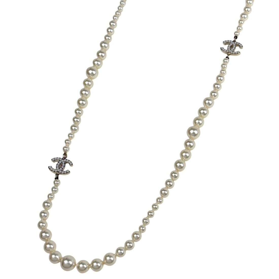 Chanel Coco Mark Faux Pearl Long Necklace, GP Gold, Women's: --- Catalog ---Category: SizeNeck Circumference: 89 cm / 35.03''Category: DesignColor: GoldGender: WomenNecklace Type: NecklaceCategory: GeneralBrand: Chanel--- Item List ---Section: ConditionRanking: