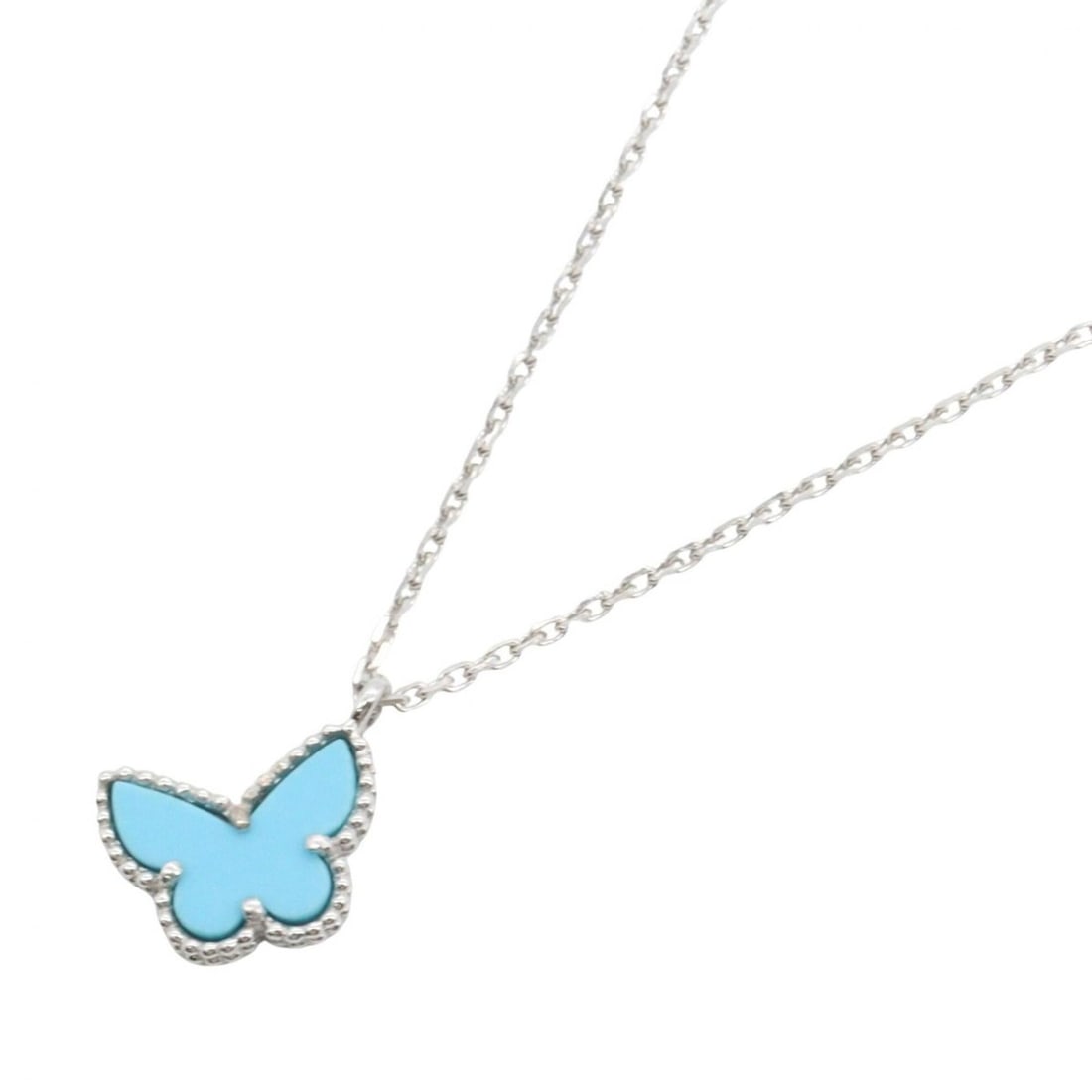 Van Cleef & Arpels Sweet Papillon Turquoise Necklace, 18K White Gold (18KWG), Turquoise, Women's,: --- Catalog ---Category: SizePendant Size: 8mm x 10mm / 0.31'' x 0.39''Neck Circumference: 38 cm - 39.5 cm / 14.96'' - 15.55''Category: DesignColor: Blue, SilverGender: WomenMaterial: White gold (18K)