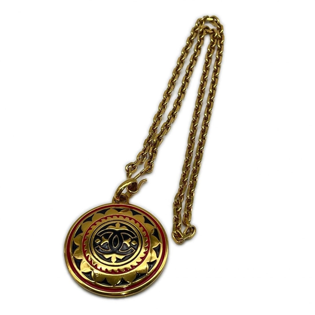 CHANEL Coco Mark Medal Pendant Necklace GP - Gold Black Red Women's: --- Catalog ---Category: SizePendant Size: 70mm x 61mm / 2.75'' x 2.4''Neck Circumference: 78.5 cm / 30.9''Category: DesignColor: Black, Gold, Red colorGender: WomenMaterial: MetalPendant Type: Pendan