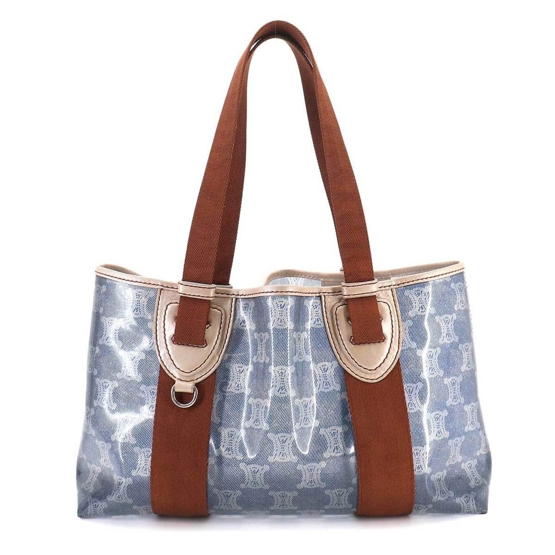 Celine Macadam Tote Handbag - Vinyl Canvas Leather Blue Brown: --- Catalog ---Category: SizeSize (HxWxD): 21.5cm x 35cm x 10.5cm / 8.46'' x 13.77'' x 4.13''Category: DesignType: Handbag, Tote bagColor: Blue, BrownGender: WomenMaterial: Vinyl , Canvas , Leather Ca