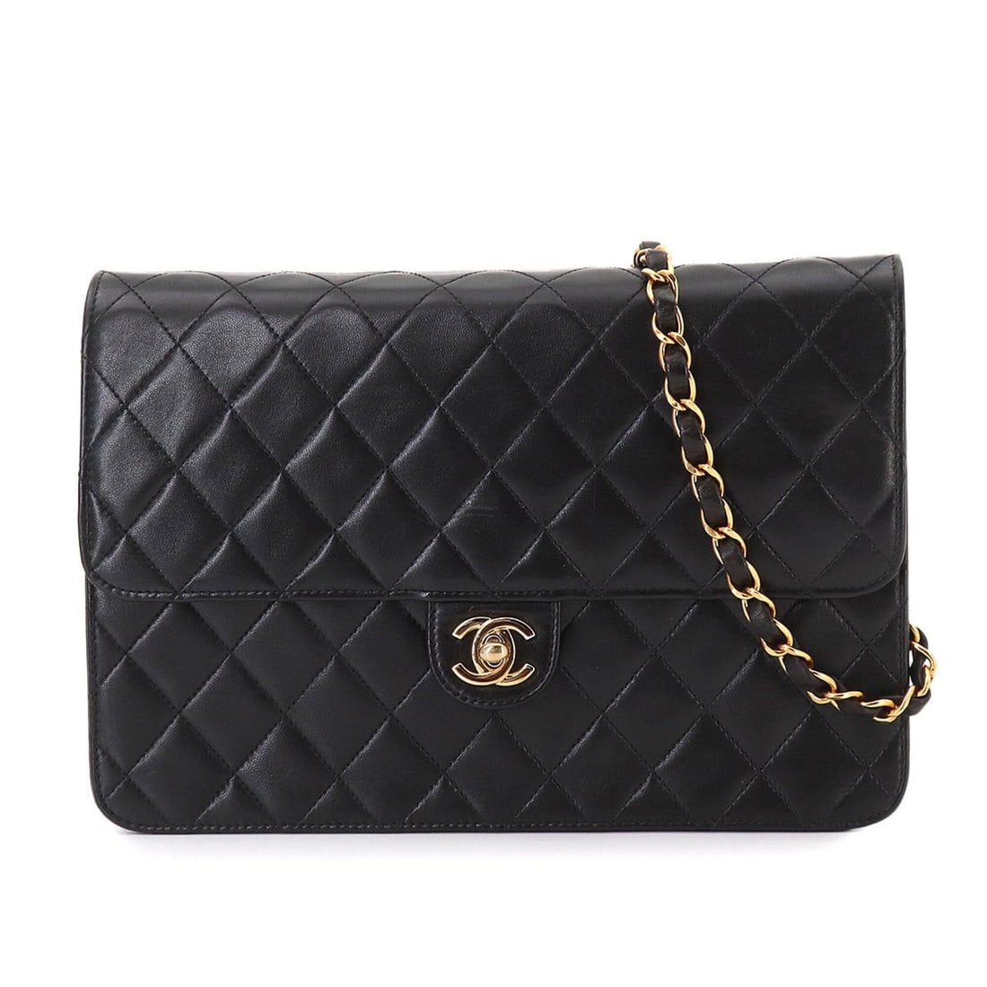 Chanel Matelasse Chain Shoulder Handbag, Lambskin, Black with Gold Hardware: --- Catalog ---Category: SizeSize (HxWxD): 11.5cm x 25cm x 5cm / 4.52'' x 9.84'' x 1.96''Category: DesignType: Handbag, Shoulder bagColor: BlackGender: WomenMaterial: Leather Leather/Fur Type: Lambski