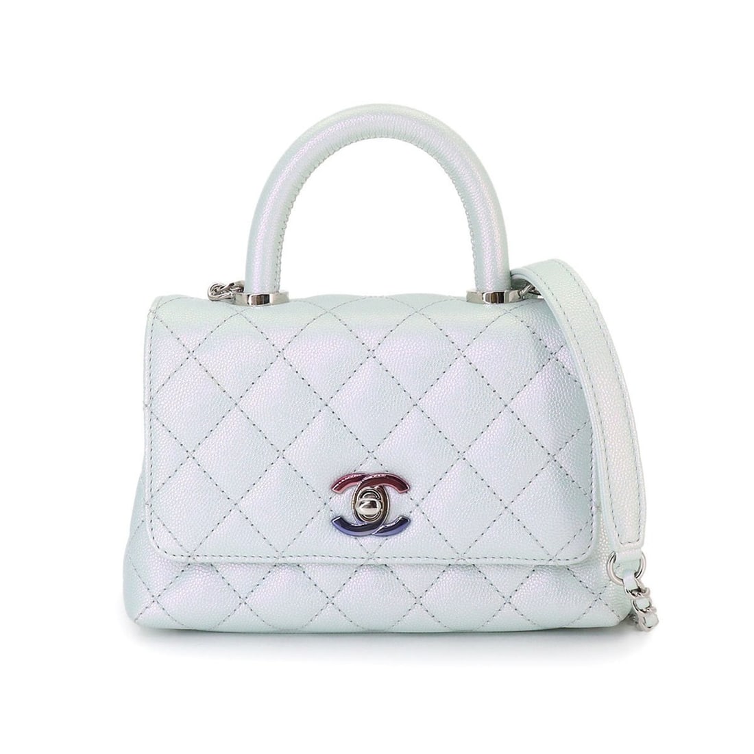 Chanel Coco Handle XXS Matelasse 2-way Hand/Shoulder Handbag, Caviar Skin, Metallic Blue AS2215 Bag: --- Catalog ---Category: SizeSize (HxWxD): 19cm x 9cm / 7.48'' x 3.54''Category: DesignType: HandbagColor: Metallic blueGender: WomenMaterial: Grained Calfskin Category: GeneralMPN: AS2215Brand: Chane
