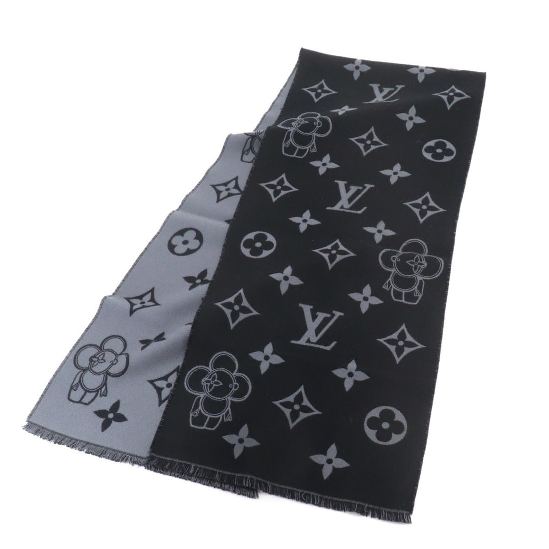 Louis Vuitton LOUIS VUITTON Monogram Vivienne Wool Scarf, Black/Gray, M77973 Winter Scarf: --- Catalog ---Category: SizeSize (LxW): 1.82m x 34cm / 71.65'' x 13.38''Category: DesignType: ScarfColor: Black, Gray, MonogramGender: WomenSeason: Fall/winterMaterial: Monogram Category: GeneralBran