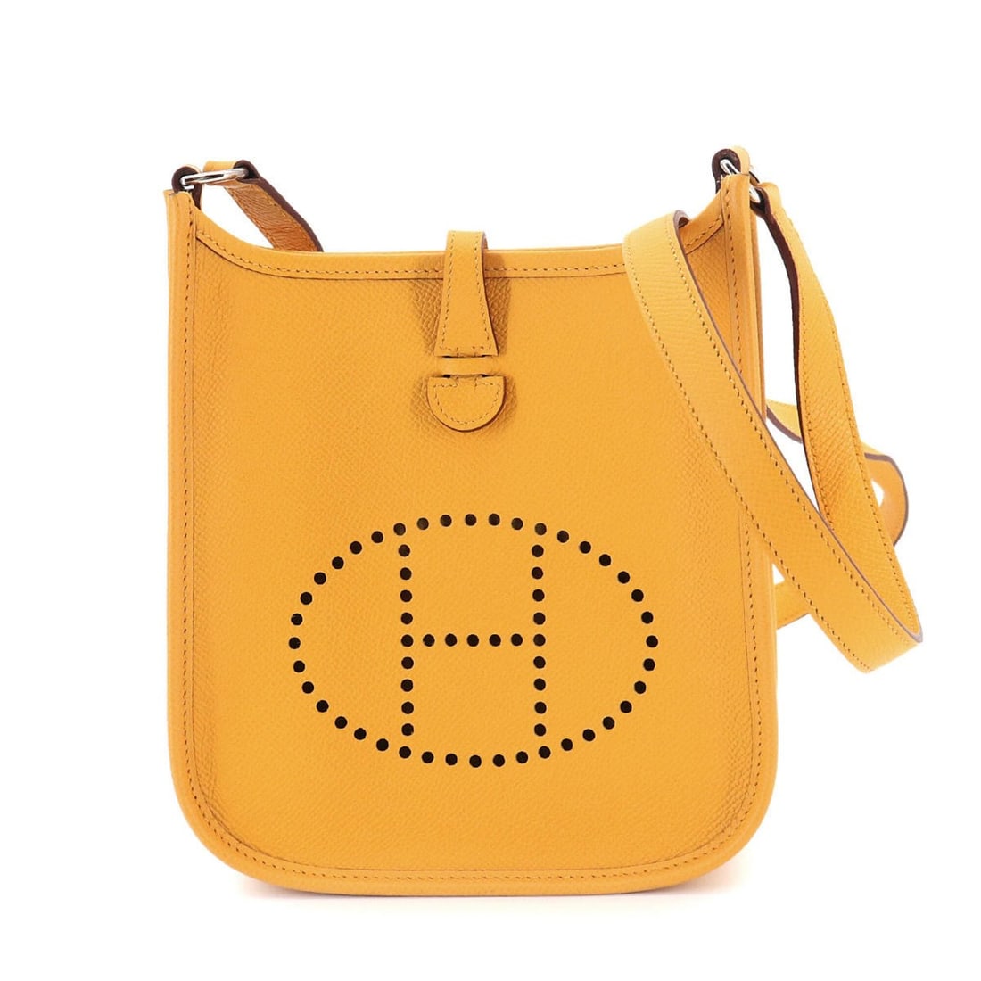 Hermes Evelyne TPM Shoulder Handbag, Epsom Leather, Soleil, ?M stamp, Silver Hardware: --- Catalog ---Category: SizeSize (HxWxD): 19cm x 17cm x 5.5cm / 7.48'' x 6.69'' x 2.16''Category: DesignType: Handbag, Shoulder bagColor: SunGender: WomenMaterial: Epsom leather Category: GeneralBran