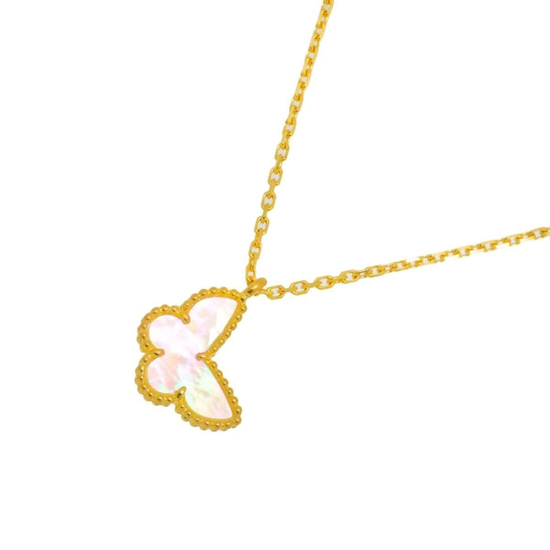 Van Cleef & Arpels VCA Sweet Alhambra Papillon Shell Necklace 40cm 18K Yellow Gold 750: --- Catalog ---Category: SizePendant Size: 12.8mm x 8.8mm / 0.5'' x 0.34''Neck Circumference: 40 cm / 15.74''Category: DesignGender: WomenMaterial: Shell, Yellow gold (18K)Necklace Type: NecklaceCateg