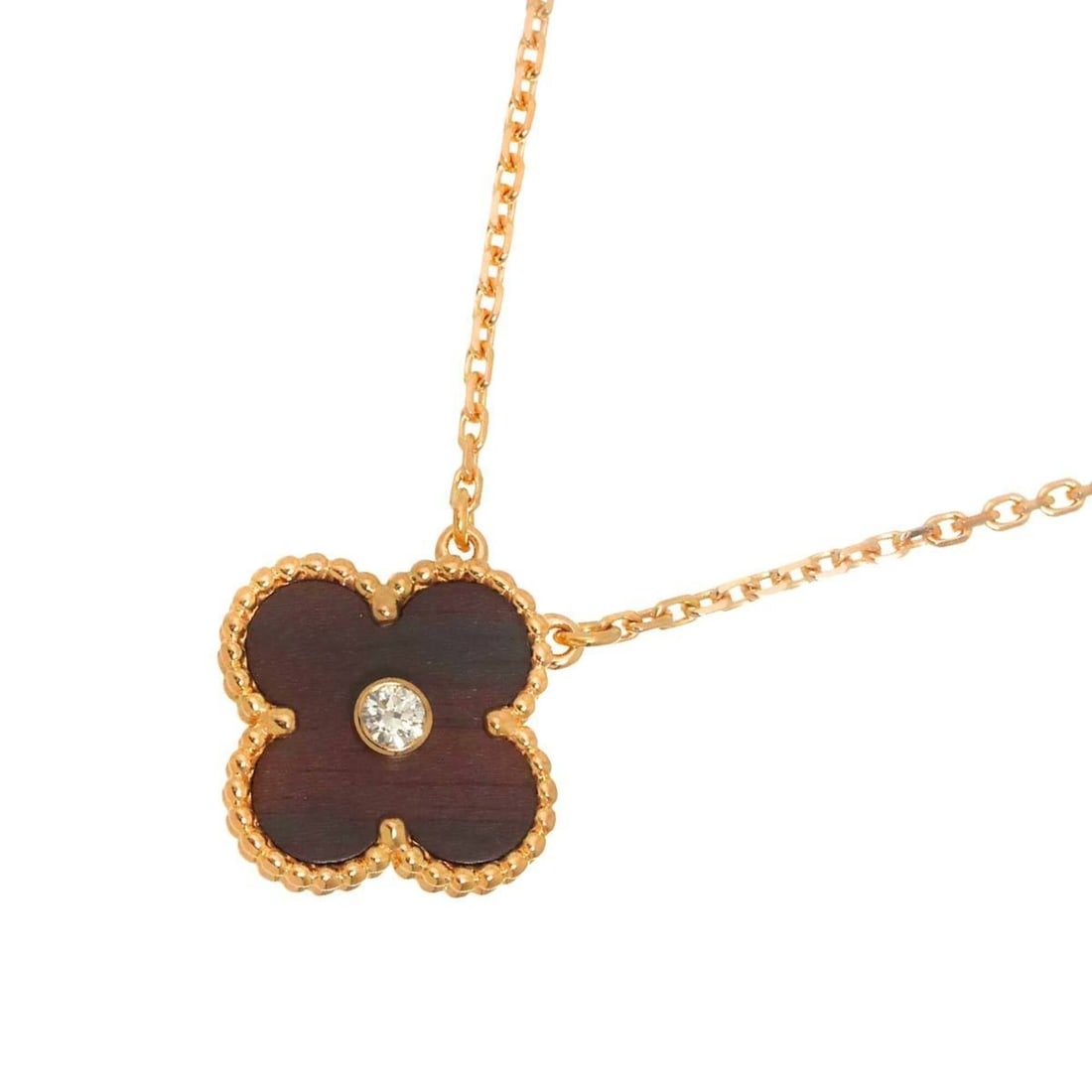 Van Cleef & Arpels Alhambra Wood Diamond Necklace 42cm 18K PG 750: --- Catalog ---Category: SizePendant Size: 14.6mm x 14.7mm / 0.57'' x 0.57''Neck Circumference: 42 cm / 16.53''Category: DesignGender: WomenMaterial: Pink gold (18K), WoodNecklace Type: NecklaceCatego