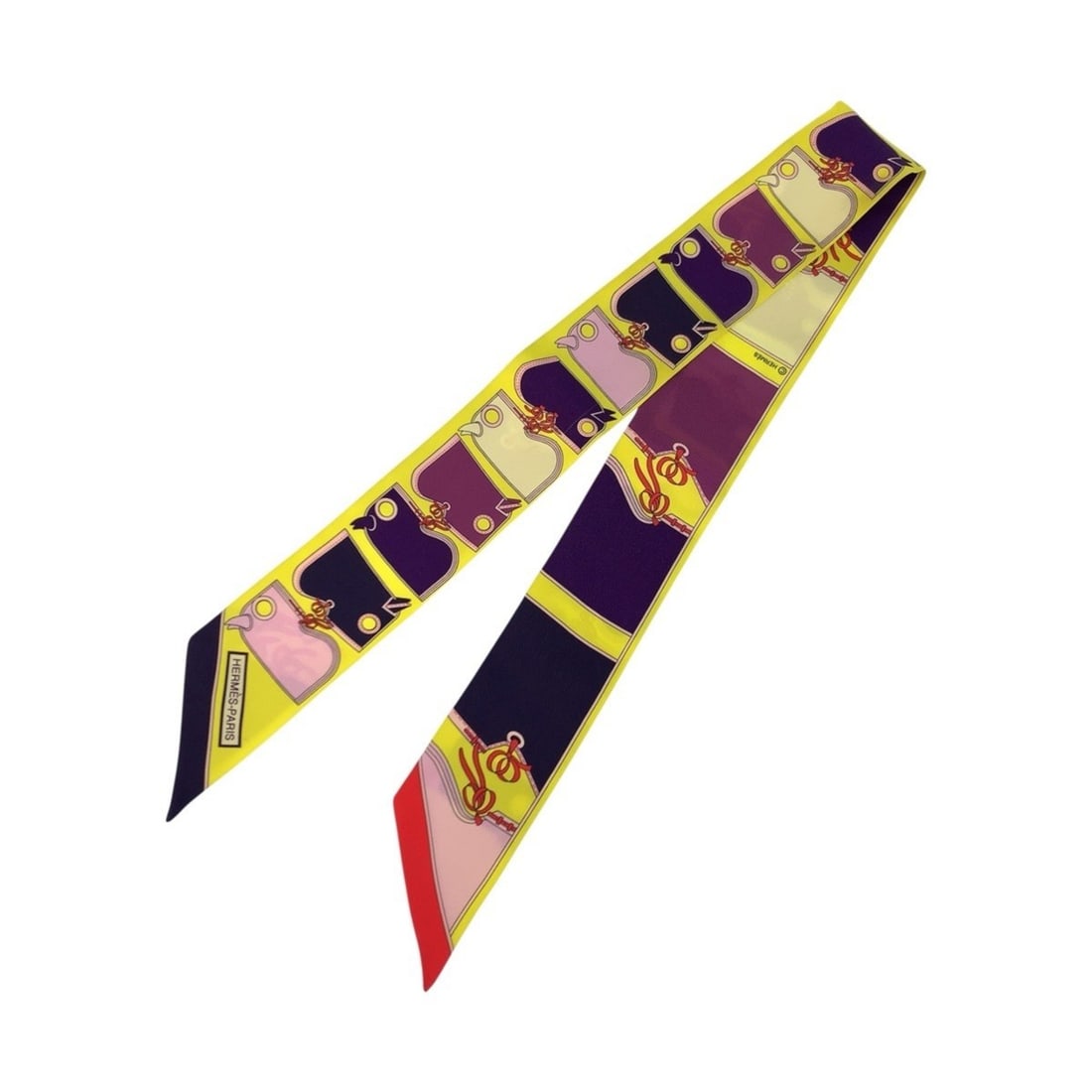 HERMES Twilly Camails Yellow Multicolor Silk Scarf Muffler Ribbon for Women: --- Catalog ---Category: SizeSize (LxW): 86cm x 5cm / 33.85'' x 1.96''Category: DesignType: ScarfColor: Multi-color, YellowGender: WomenMaterial: Silk Category: GeneralBrand: HermesCountry of Origin: 