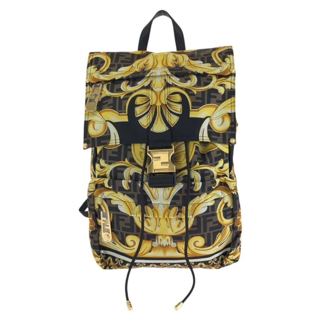 FENDI x VERSACE Backpack (7VZ066) - Black, Brown, Yellow, Gold Hardware, Nylon, Women's: --- Catalog ---Category: SizeSize (HxWxD): 40cm x 27cm x 13cm / 15.74'' x 10.62'' x 5.11''Category: DesignType: BackpackColor: Black, Brown, Gold, YellowGender: WomenMaterial: Nylon Category: GeneralM