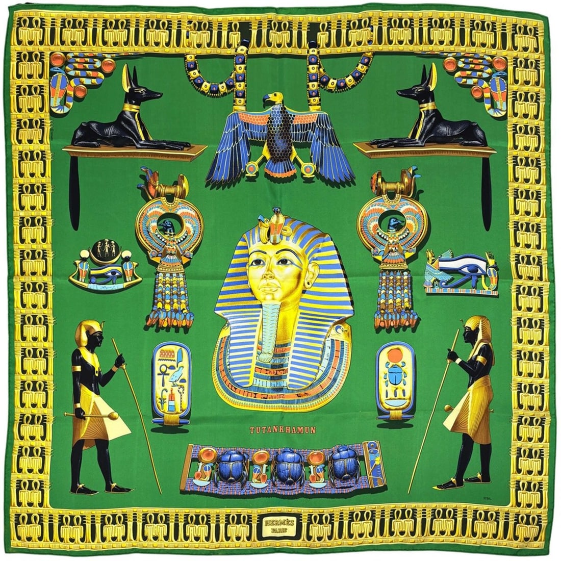 Hermes Carre 90 TUTANKHAMUN (Tutankhamun) Egyptian Scarf/Muffler, Silk, Green, Multicolor, Women's: --- Catalog ---Category: SizeSize (LxW): 88cm x 89cm / 34.64'' x 35.03''Category: DesignType: ScarfColor: Green, Multi-colorGender: WomenMaterial: Silk Category: GeneralBrand: Hermes--- Item List ---S