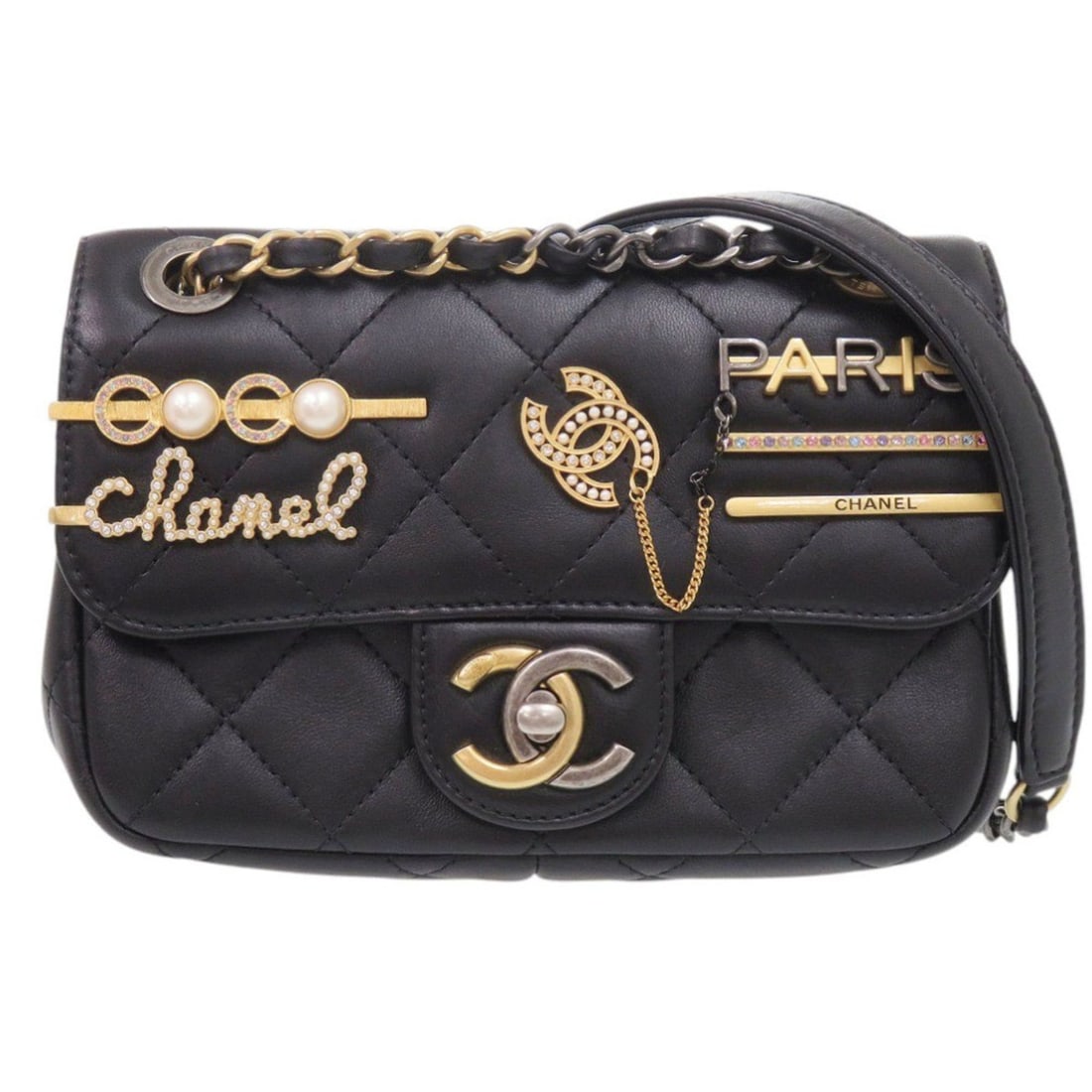 Chanel Matelassé Clip Coco Lambskin Black Chain Shoulder Bag 1014CHANEL: --- Catalog ---Category: SizeSize (HxWxD): 11cm x 17cm x 5cm / 4.33'' x 6.69'' x 1.96''Category: DesignType: Shoulder bagColor: BlackGender: WomenMaterial: Leather Leather/Fur Type: LambskinCategory: 
