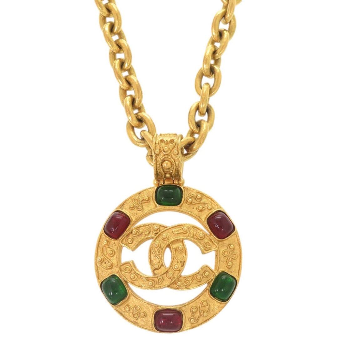 Chanel Vintage Coco Mark Gripoix Metal Colored Stone Gold Necklace 1202CHANEL: --- Catalog ---Category: SizePendant Size: 64mm x 46mm / 2.51'' x 1.81''Neck Circumference: 63.5 cm / 24.99''Category: DesignColor: GoldGender: WomenMaterial: MetalNecklace Type: NecklaceCategory: Gen