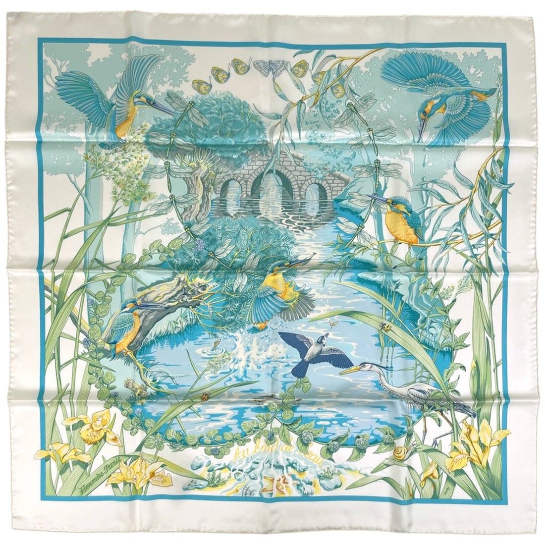 Hermes Carre 90 "Au bord de l’eau" (Jade Bird) Scarf/Muffler, Silk, White/Blue, Women's: --- Catalog ---Category: SizeSize (LxW): 89cm x 90cm / 35.03'' x 35.43''Category: DesignType: ScarfColor: Blue, WhiteGender: WomenMaterial: Silk Category: GeneralBrand: Hermes--- Item List ---Section: