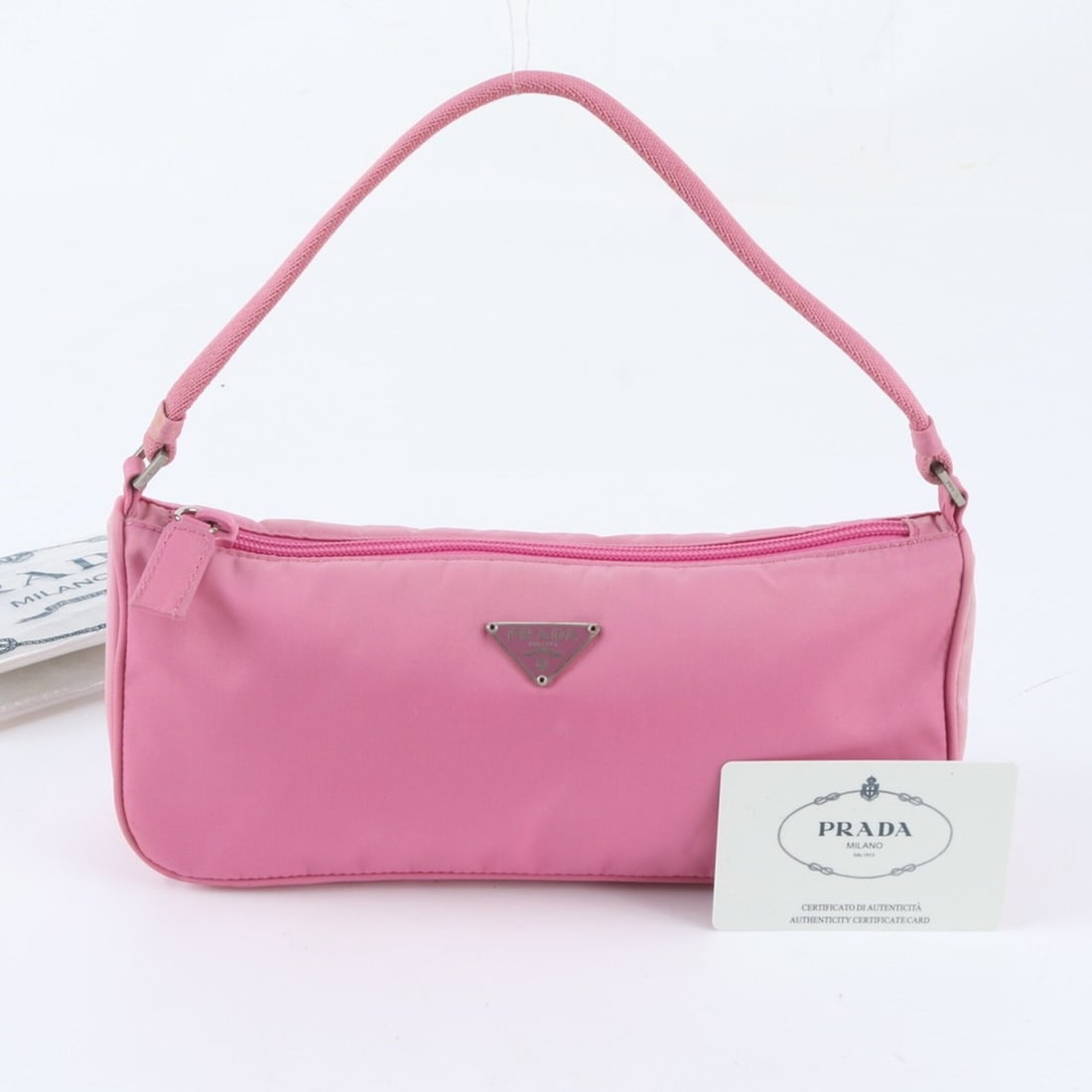 Prada Tessuto Nylon MV633 Leather Handbag, Pink, with Guarantee Card, Accessory, Pouch, Women's: --- Catalog ---Category: SizeSize (HxWxD): 11cm x 24cm x 6cm / 4.33'' x 9.44'' x 2.36''Category: DesignType: Handbag, PouchColor: PinkGender: WomenMaterial: Nylon , Leather Category: GeneralMPN: MV633