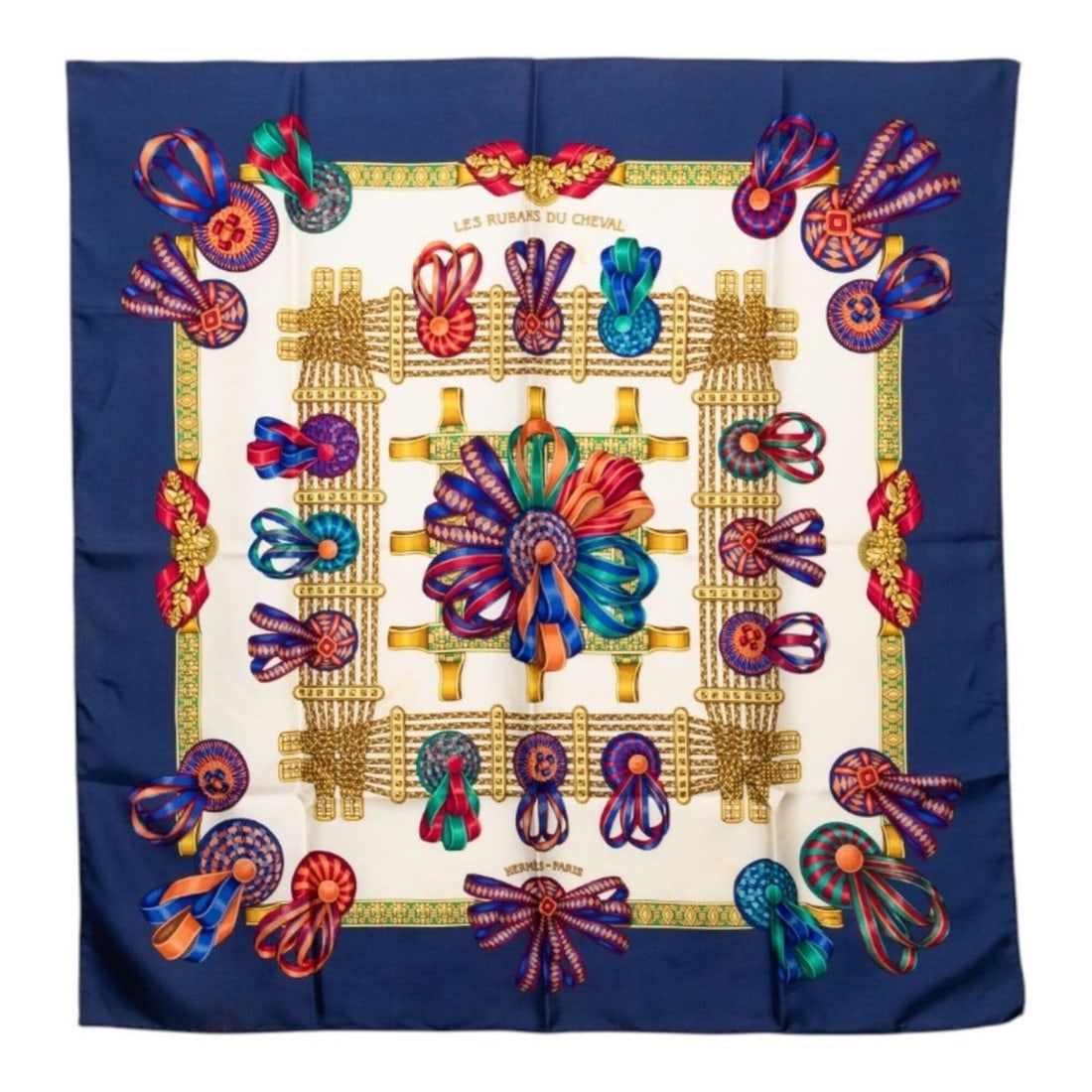 Hermes Carre 90 LES RUBANS DU CHEVAL Horse Ribbon Embellished Scarf/Muffler, Large Size,: --- Catalog ---Category: SizeSize (LxW): 90cm x 88cm / 35.43'' x 34.64''Category: DesignType: ScarfColor: Multi-color, NavyGender: WomenMaterial: Silk Category: GeneralBrand: Hermes--- Item List ---Se