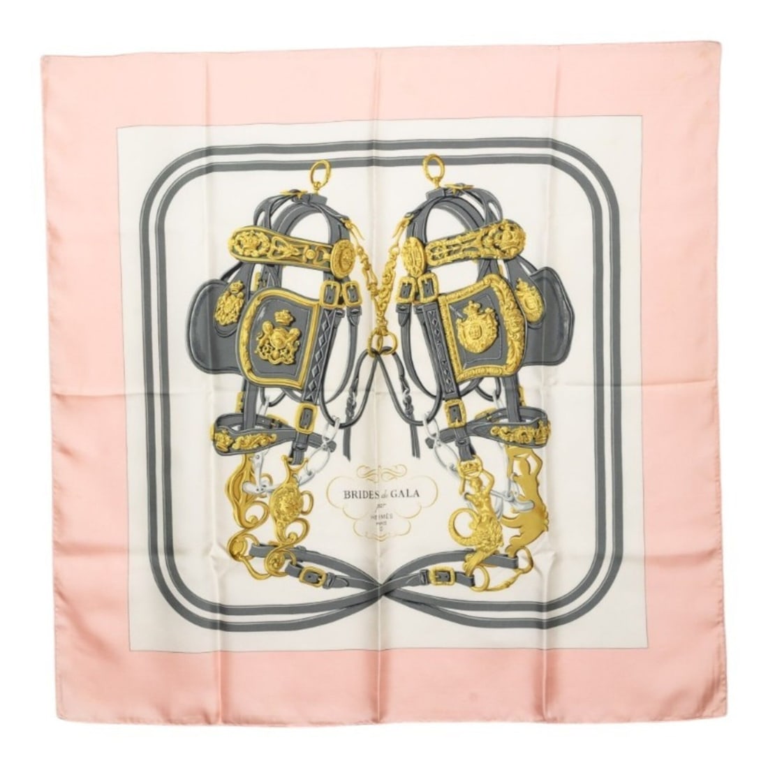 Hermes Carre 90 BRIDES de GALA Ceremonial Bridle Scarf/Muffler, Large Size, Pink Multicolor Silk,: --- Catalog ---Category: SizeSize (LxW): 88cm x 89cm / 34.64'' x 35.03''Category: DesignType: ScarfColor: Multi-color, PinkGender: WomenMaterial: Silk Category: GeneralBrand: Hermes--- Item List ---Se