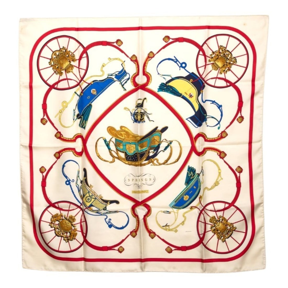 Hermes Carre 90 Springs Scarf/Muffler, Large Size, White/Multicolor Silk, Women's.: --- Catalog ---Category: SizeSize (LxW): 90cm x 89cm / 35.43'' x 35.03''Category: DesignType: ScarfColor: Multi-color, WhiteGender: WomenMaterial: Silk Category: GeneralBrand: Hermes--- Item List ---S