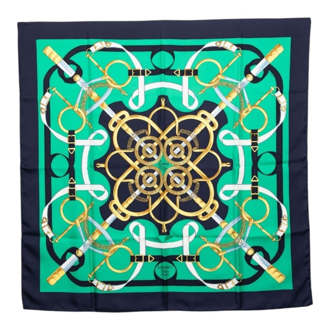 Hermes Carre 90 Eperon d'Or (Golden Spur) Scarf/Muffler, Green/Navy Silk, Women's.: --- Catalog ---Category: SizeSize (LxW): 86.5cm x 87.5cm / 34.05'' x 34.44''Category: DesignType: ScarfColor: Green, NavyGender: WomenMaterial: Silk Category: GeneralBrand: Hermes--- Item List ---Sect