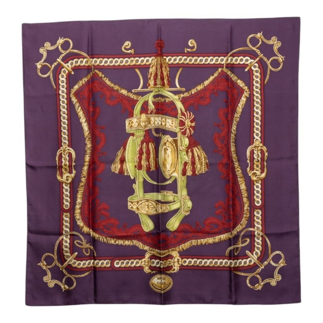 Hermes Carre 90 BRIDEDE COUR (Court's Wrath) Scarf/Muffler, Large Size, Purple/Multicolor Silk,: --- Catalog ---Category: SizeSize (LxW): 90cm x 88cm / 35.43'' x 34.64''Category: DesignType: ScarfColor: Multi-color, PurpleGender: WomenMaterial: Silk Category: GeneralBrand: Hermes--- Item List ---