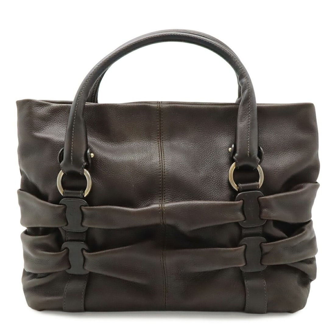 Salvatore Ferragamo Vara Drape Handbag Tote Bag Leather Dark Brown GG-21B174: --- Catalog ---Category: SizeSize (HxWxD): 27cm x 29.5cm x 14cm / 10.62'' x 11.61'' x 5.51''Category: DesignType: Handbag, Tote bagColor: Dark brownGender: WomenMaterial: Leather Category: GeneralMPN: