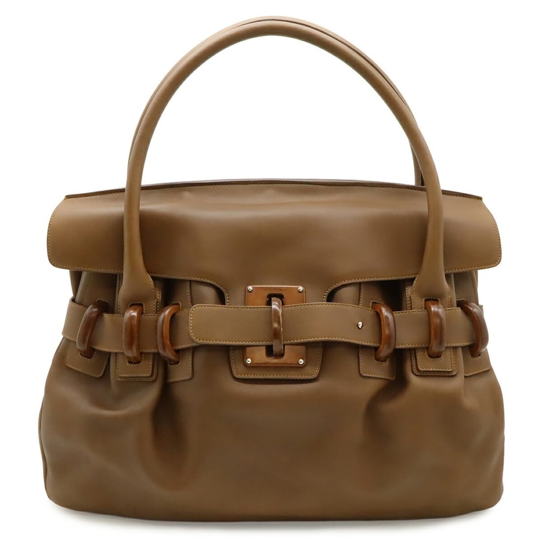 Salvatore Ferragamo handbag/tote bag with belt, leather, and wood accents, brown, EO-21A026: --- Catalog ---Category: SizeSize (HxWxD): 35cm x 46cm x 13cm / 13.77'' x 18.11'' x 5.11''Category: DesignType: Handbag, Tote bagColor: BrownGender: WomenMaterial: Leather Category: GeneralMPN: EO-21A