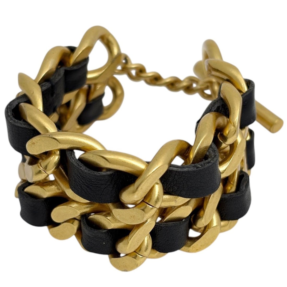 Chanel Double Chain Bracelet GP Leather Gold Black Women's: --- Catalog ---Category: SizeTotal Length: 20.5cm / 8.07''Category: DesignType: Charm braceletColor: Black, GoldGender: WomenMaterial: Gold plating, LeatherCategory: GeneralBrand: Chanel--- Item List 