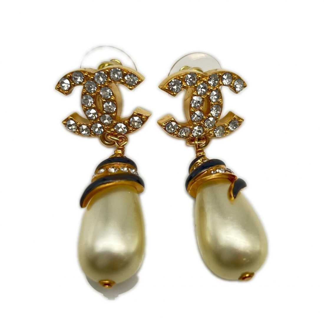 CHANEL Coco Mark Faux Pearl Earrings with Rhinestones - Gold, Black, White, GP for Women: --- Catalog ---Category: SizeSize (HxWxD): 45.00mm x 18.00mm / 1.77'' x 0.71''Category: DesignType: Drop earringsColor: Black, Gold, WhiteStone: RhinestoneFinish: Gold platedGender: WomenCategory: Gen