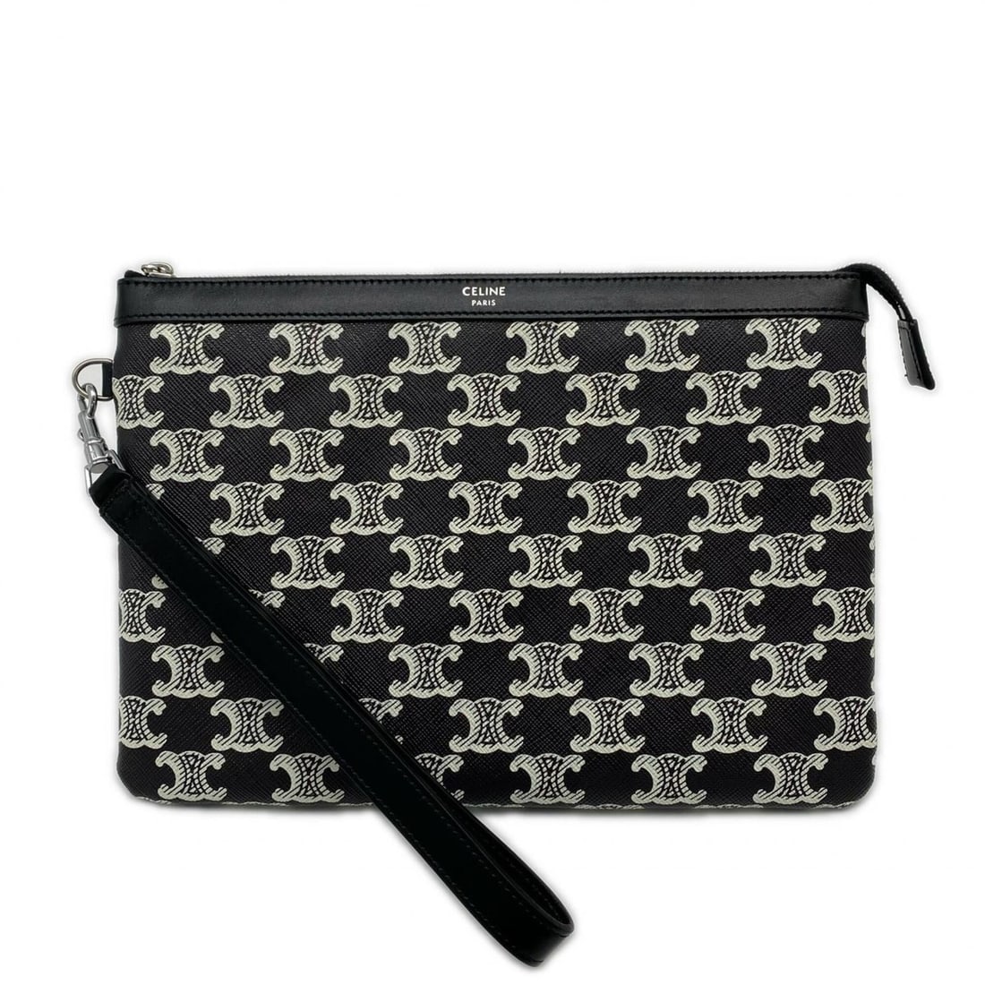 CELINE Triomphe Strap Pouch 10L682FSM-38AW Clutch Bag Black White Women's: --- Catalog ---Category: SizeSize (HxWxD): 17cm x 24cm x 1cm / 6.69'' x 9.44'' x 0.39''Category: DesignType: Clutch bagColor: Black, WhiteGender: WomenClosure: ZipperMaterial: Coated canvas Category: 