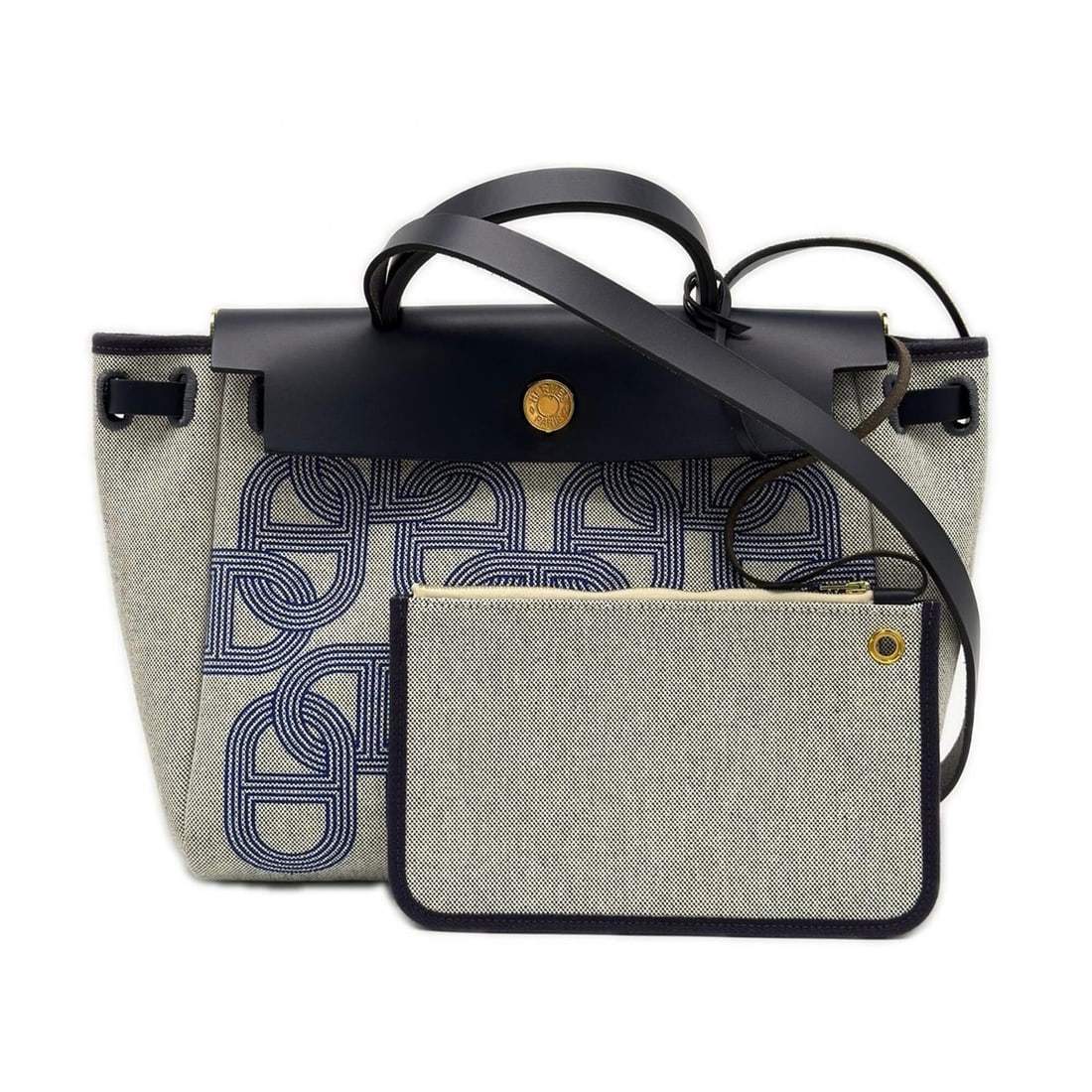 HERMES Toile H Vache Hunter Herbag Zip PM - Handbag, Navy/Ivory Canvas Leather, Women's: --- Catalog ---Category: SizeSize (HxWxD): 26.5cm x 31cm x 11cm / 10.43'' x 12.2'' x 4.33''Strap Length: 97cm / 38.18''Handle Length: 23cm / 9.05''Category: DesignType: HandbagColor: Ivory, NavyGender
