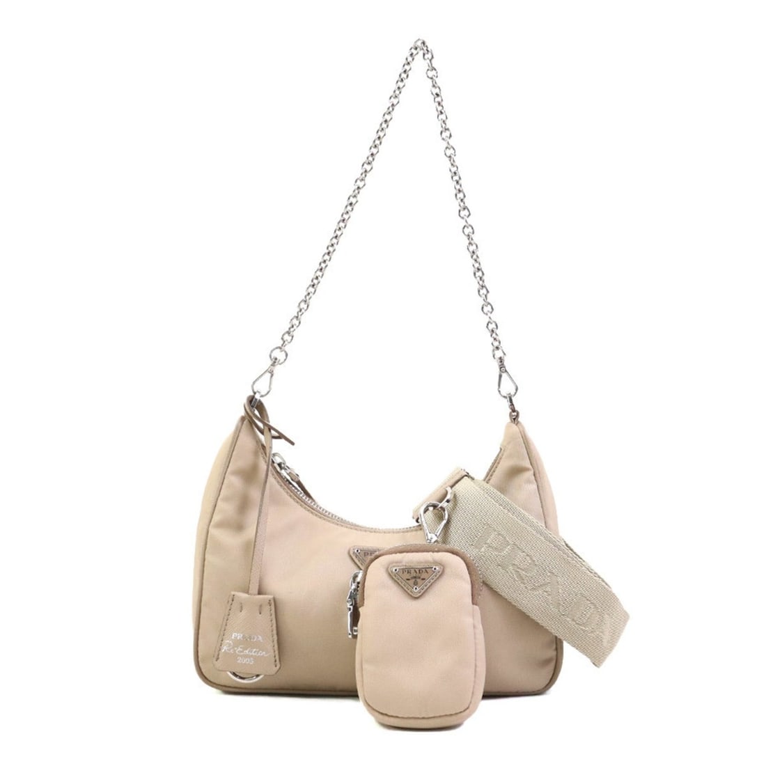 Prada PRADA Shoulder Bag 2-Way Re-Edition 2005 Nylon Beige Silver Women's e61982a: --- Catalog ---Category: SizeSize (HxWxD): 12cm x 22cm x 6cm / 4.72'' x 8.66'' x 2.36''Category: DesignType: Shoulder bagColor: BeigeGender: WomenMaterial: Nylon Category: GeneralBrand: PradaCountry o