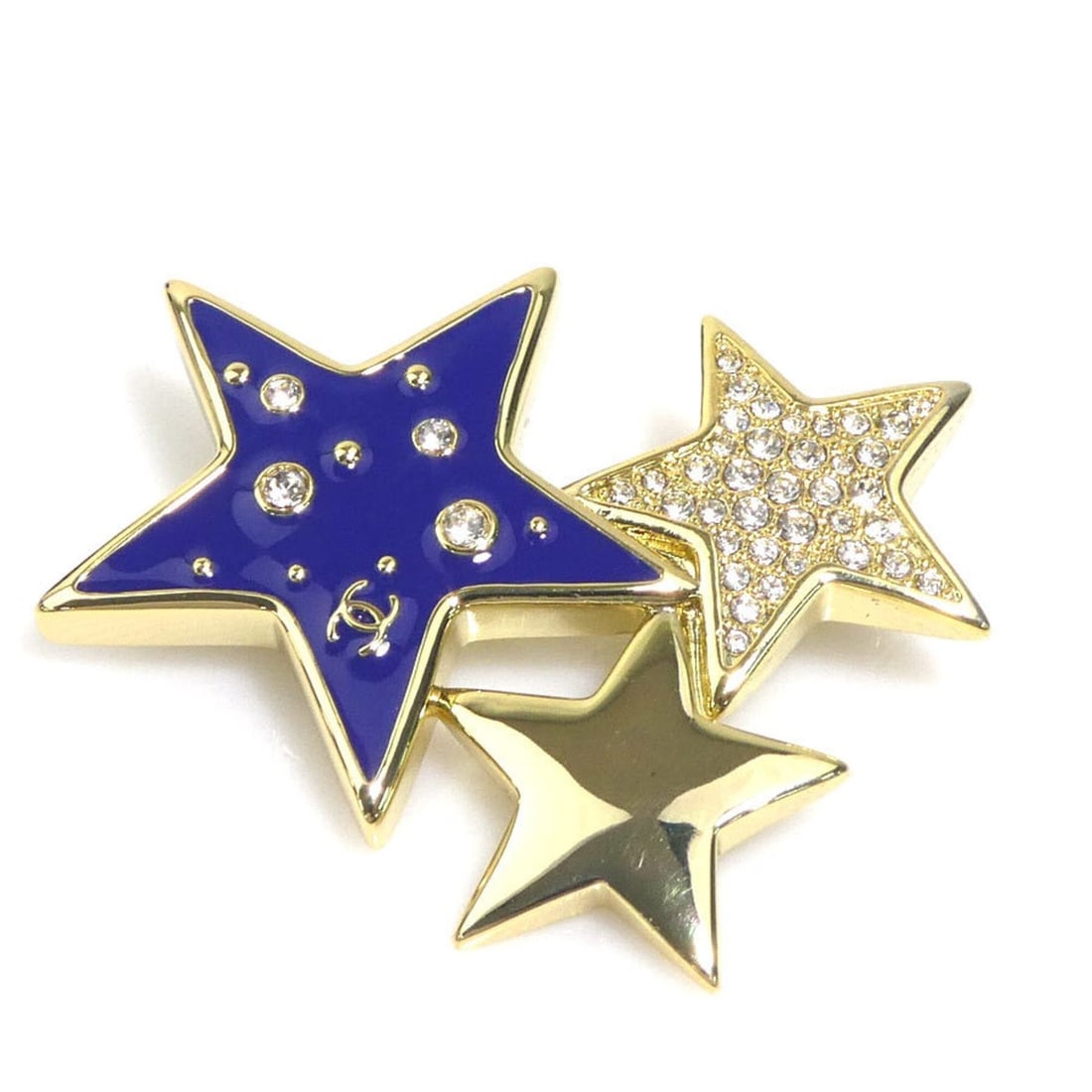 Chanel brooch, Coco Mark star, metal, rhinestone, gold, navy blue, silver, women's, e61995a: --- Catalog ---Category: SizeSize (HxWxD): 3.5cm x 4.5cm / 1.37'' x 1.77''Category: DesignType: BroochColor: Blue, Gold, Navy, SilverGender: WomenMaterial: Metal, RhinestoneCategory: GeneralBrand: Cha