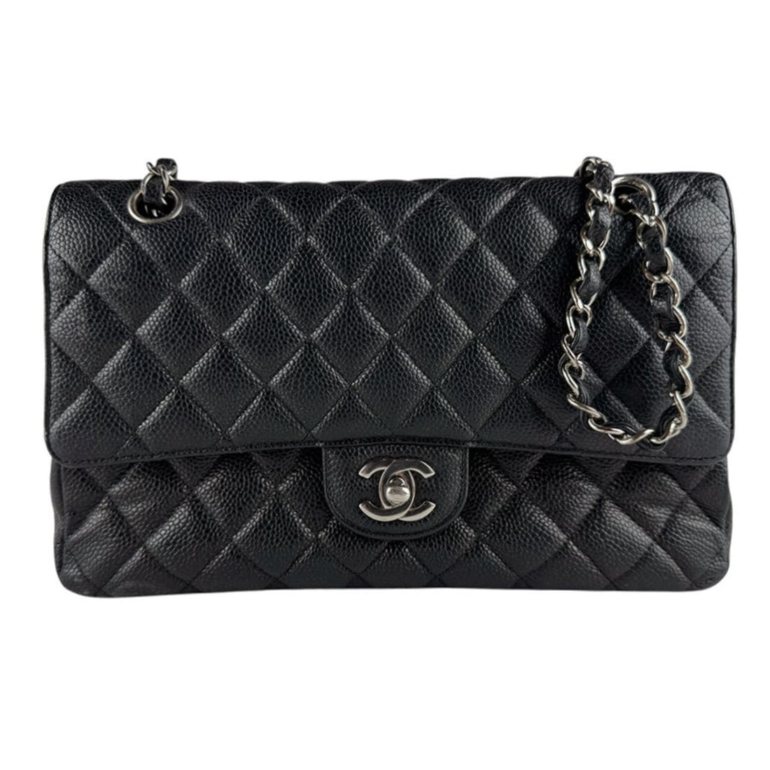 Chanel Matelassé Double Flap Shoulder Bag, Caviar Leather, Black/Silver, Women's, Free Shipping: --- Catalog ---Category: SizeSize (HxWxD): 16cm x 25cm x 6cm / 6.29'' x 9.84'' x 2.36''Category: DesignType: Shoulder bagColor: BlackGender: WomenMaterial: Grained Calfskin Category: GeneralBrand: Cha