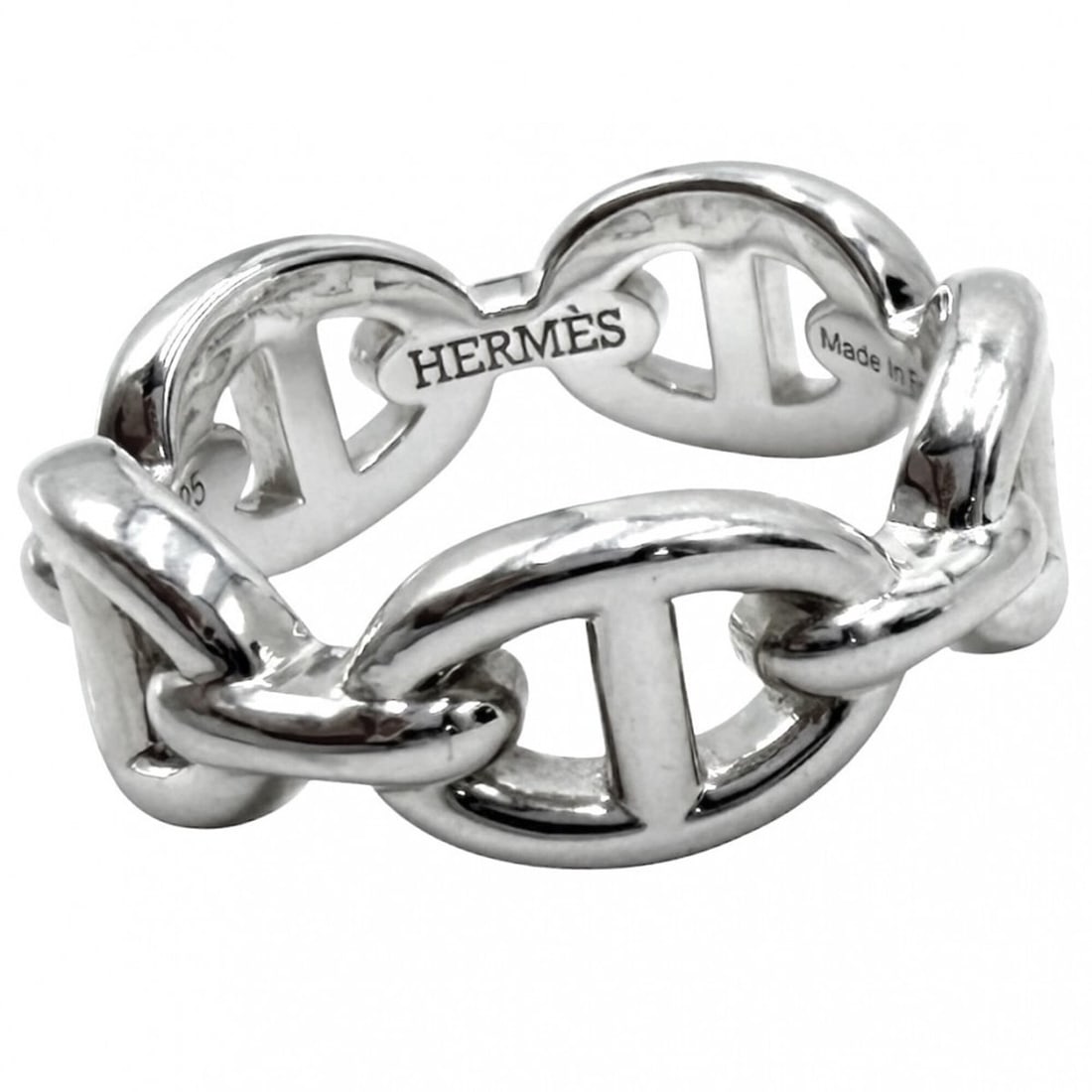 Hermes ring for men and women, Chaine d'Ancre Enchainée design, size 49, sterling silver 925,: --- Catalog ---Category: SizeUS Size: 5Brand Size: 49Category: DesignType: Band ringGender: Men,WomenMaterial: Silver 925Category: GeneralBrand: Hermes--- Item List ---Section: ConditionRanking: Rank 