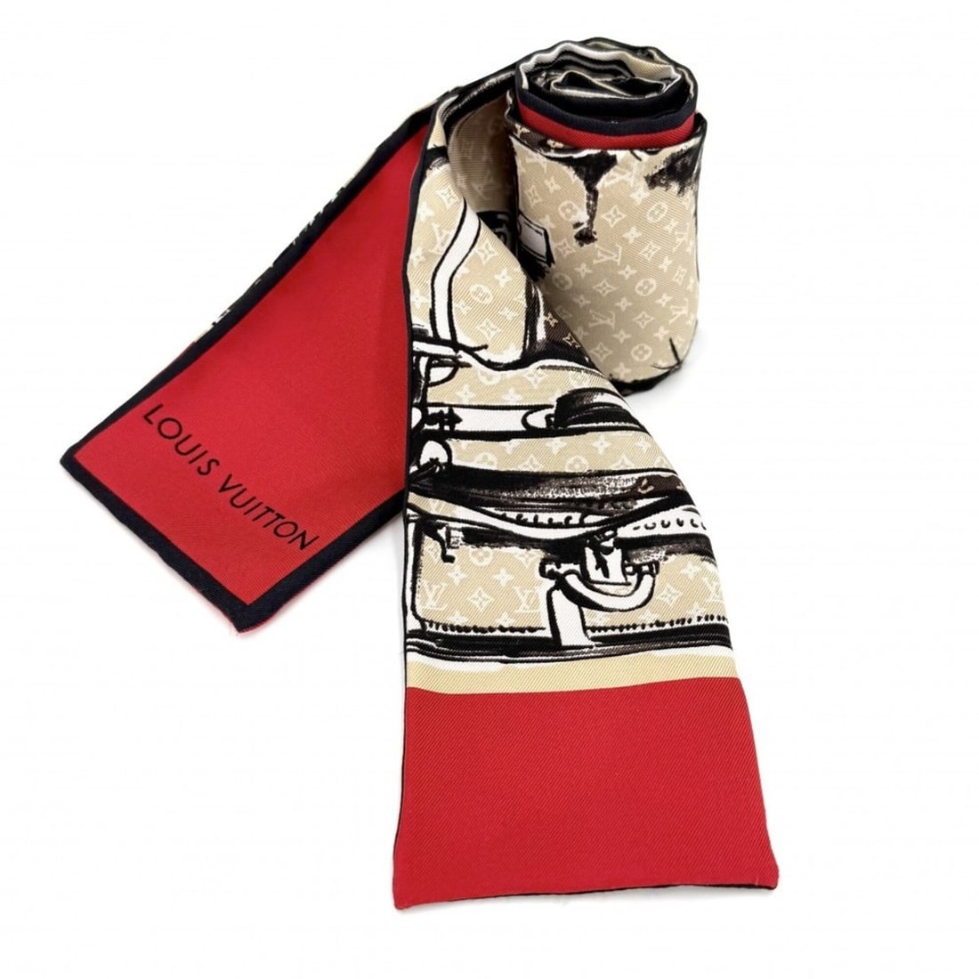 Louis Vuitton Women's Monogram Scarf/Shawl, Bandeau Trunk, Fashion Item, LOUIS VUITTON M73964, Silk,: --- Catalog ---Category: SizeSize (LxW): 1.2m x 7.5cm / 47.24'' x 2.95''Category: DesignType: ScarfColor: Beige, Red colorGender: WomenMaterial: Silk Category: GeneralMPN: M73964Brand: Louis Vuitton--