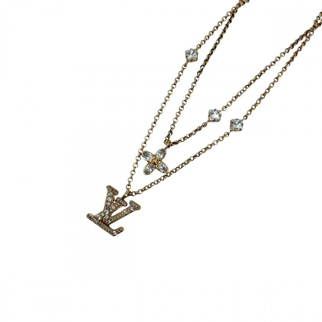 Louis Vuitton Women's Necklace, Lady LV, Double Chain, Adjustable, Rhinestone, M01845, Gold, Approx. (1 of 11)