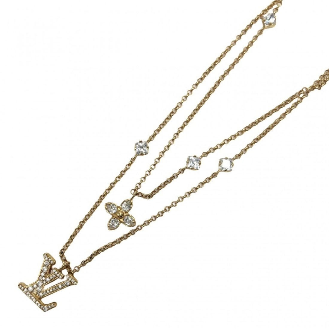 Louis Vuitton necklace for men and women, LV accessory, double chain, adjustable clasp, rhinestone,: --- Catalog ---Category: SizePendant Size: 14mm x 15mm / 0.55'' x 0.59''Neck Circumference: 42.5 cm / 16.73''Category: DesignColor: GoldGender: Men,WomenMaterial: RhinestoneNecklace Type: NecklaceCate