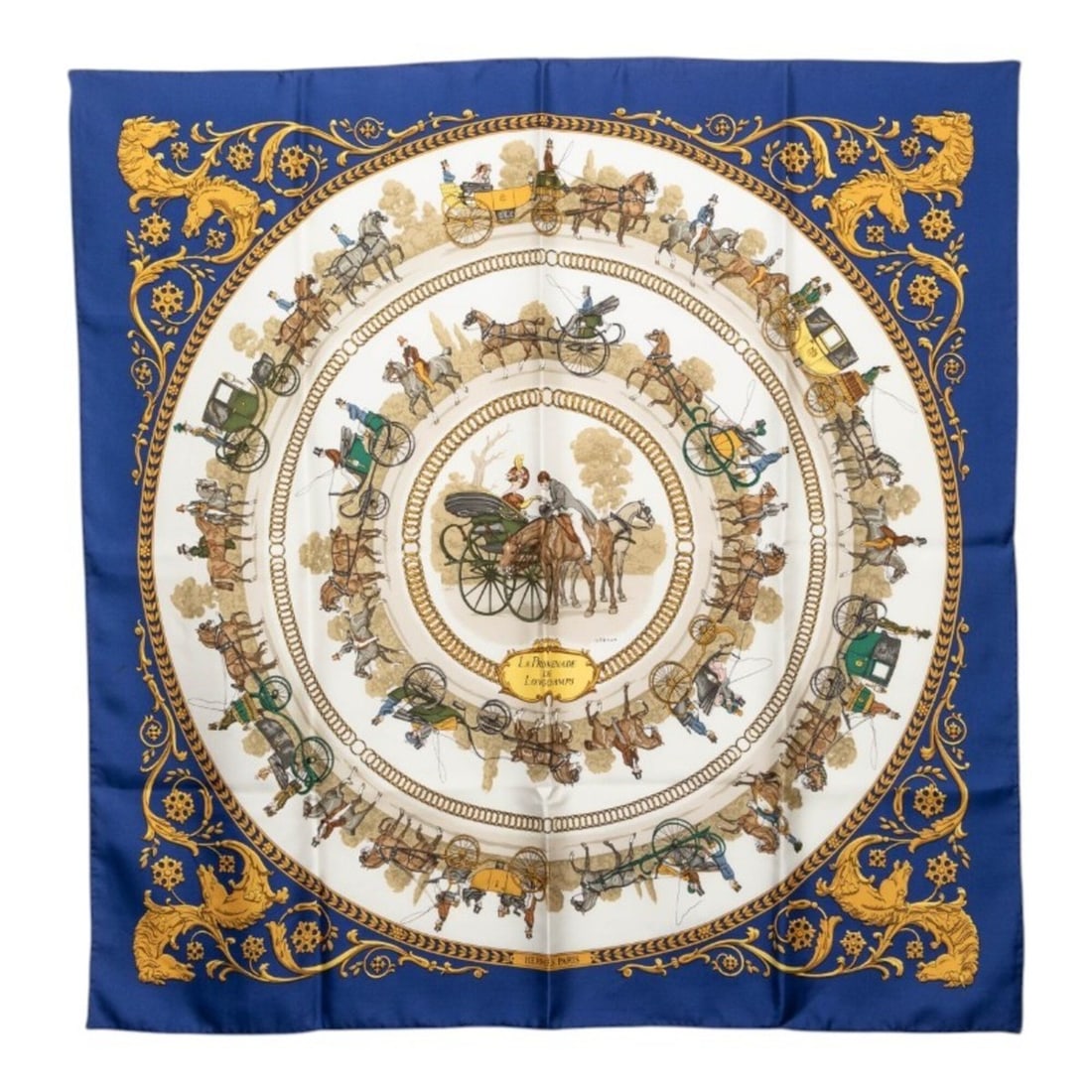 Hermes Carre 90 La Promenade de Longchamps (A Walk to Longchamp) Scarf/Muffler, Large Size,: --- Catalog ---Category: SizeSize (LxW): 88cm x 87cm / 34.64'' x 34.25''Category: DesignType: ScarfColor: Blue, Multi-colorGender: WomenMaterial: Silk Category: GeneralBrand: Hermes--- Item List ---Se