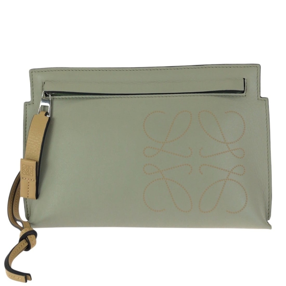 LOEWE Anagram Mini T Pouch, Green/Beige, Silver Hardware, Leather, 522120, Clutch Bag, Second: --- Catalog ---Category: SizeSize (HxWxD): 14cm x 19cm x 4cm / 5.51'' x 7.48'' x 1.57''Category: DesignType: Clutch bag, PouchColor: Beige, GreenGender: MenMaterial: Leather Hardware Color: SilverCate