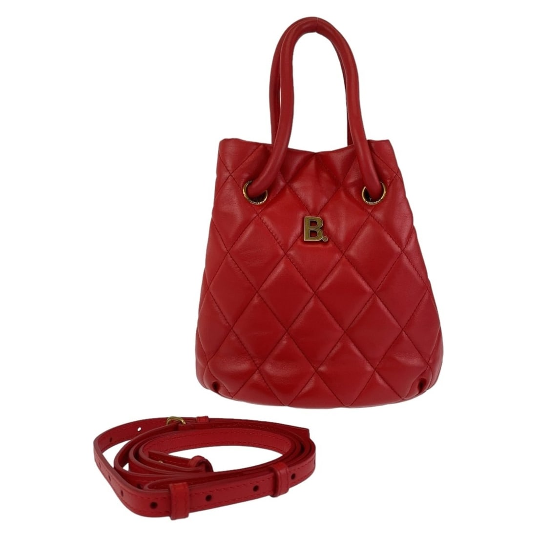 BALENCIAGA B Bucket Bag, Red, Gold Hardware, Leather, 600327, Drawstring, Shoulder Bag/Handbag,: --- Catalog ---Category: SizeSize (HxWxD): 20cm x 18cm x 13cm / 7.87'' x 7.08'' x 5.11''Category: DesignType: Handbag, Shoulder bagColor: Red colorGender: WomenMaterial: Leather Hardware Color: GoldCa