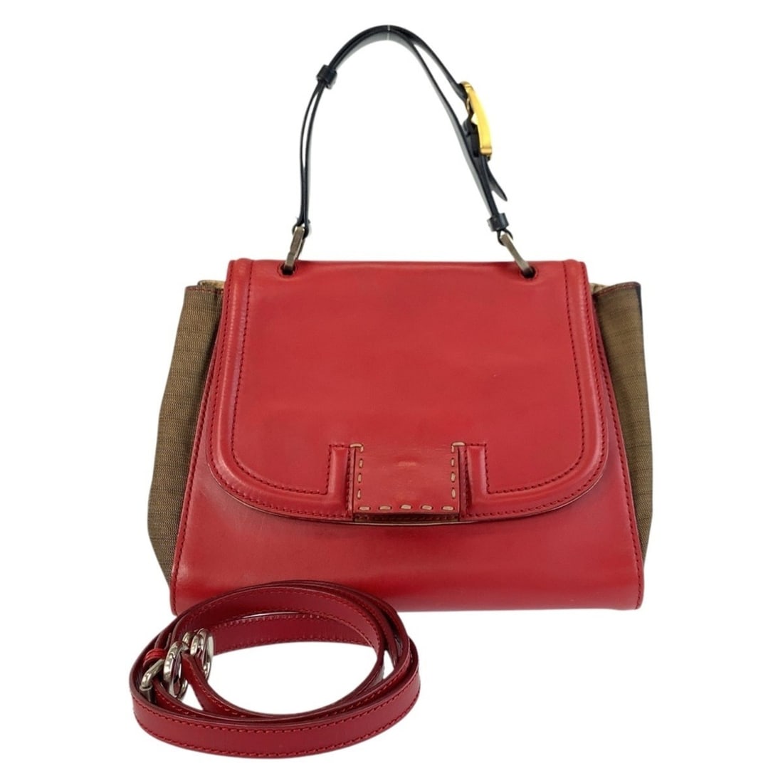 FENDI Pequin Silvana Red Brown Leather Canvas Handbag Shoulder Bag 2-way Women's: --- Catalog ---Category: SizeSize (HxWxD): 22cm x 30cm x 13cm / 8.66'' x 11.81'' x 5.11''Category: DesignType: Handbag, Shoulder bagColor: Brown, Red colorGender: WomenMaterial: Leather , Canvas Categ