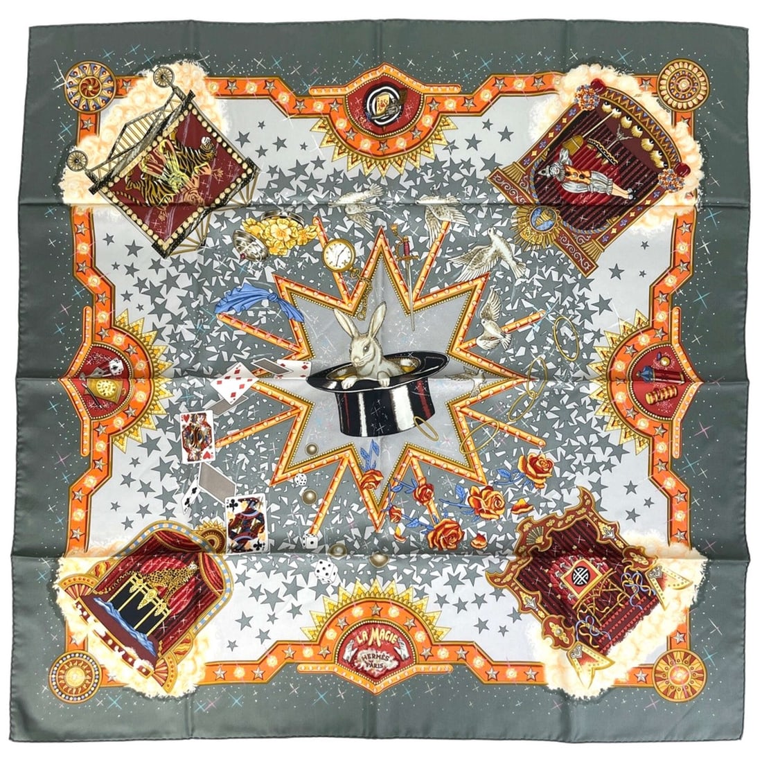 Hermes HERMES Carre 90 LA MAGIE Magic Scarf Muffler Silk Gray Multicolor Women's: --- Catalog ---Category: SizeSize (LxW): 90cm x 88cm / 35.43'' x 34.64''Category: DesignType: ScarfColor: Gray, Multi-colorGender: WomenMaterial: Silk Category: GeneralBrand: Hermes--- Item List ---Se