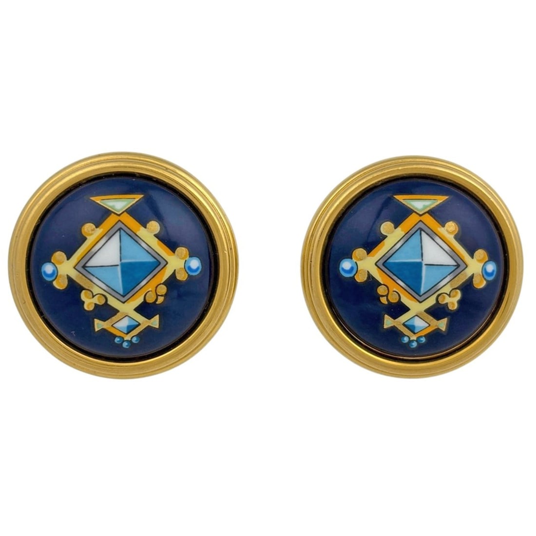 Hermes enamel earrings, round, cloisonné, GP gold, blue, women's.: --- Catalog ---Category: SizeStone Size (HxW): 28.00mm x 28.00mm / 1.10'' x 1.10''Category: DesignColor: Blue, GoldGender: WomenCategory: GeneralBrand: Hermes--- Item List ---Section: ConditionRanking