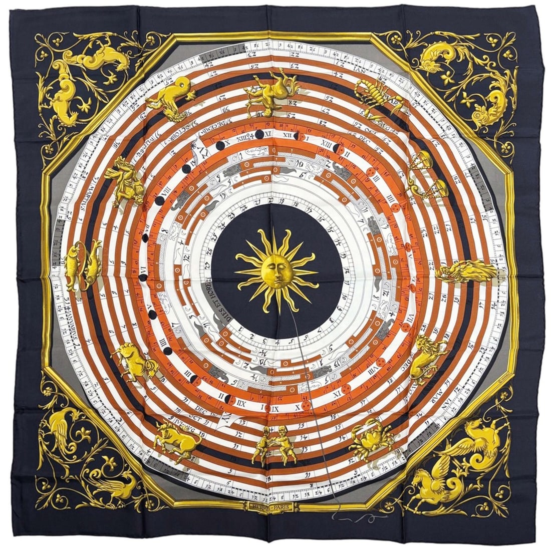 Hermes Carre 90 DIES ET HORE Astrology Sun Scarf Muffler Silk Black White Brown Women's: --- Catalog ---Category: SizeSize (LxW): 86.5cm x 88cm / 34.05'' x 34.64''Category: DesignType: ScarfColor: Black, Brown, WhiteGender: WomenMaterial: Silk Category: GeneralBrand: Hermes--- Item List -