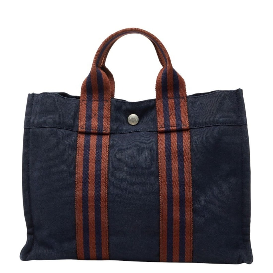 Hermes Fourre-Tout PM Mini Tote Bag Handbag Navy Brown Canvas Women's HERMES: --- Catalog ---Category: SizeSize (HxWxD): 21.5cm x 30cm x 7cm / 8.46'' x 11.81'' x 2.75''Category: DesignType: Handbag, Tote bagColor: Brown, NavyGender: WomenMaterial: Canvas Category: GeneralBrand: