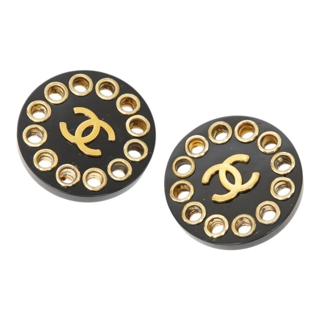 Chanel Coco Mark Vintage Round Earrings, Size 28, Gold and Black Plated Plastic, Women's. (1 of 12)