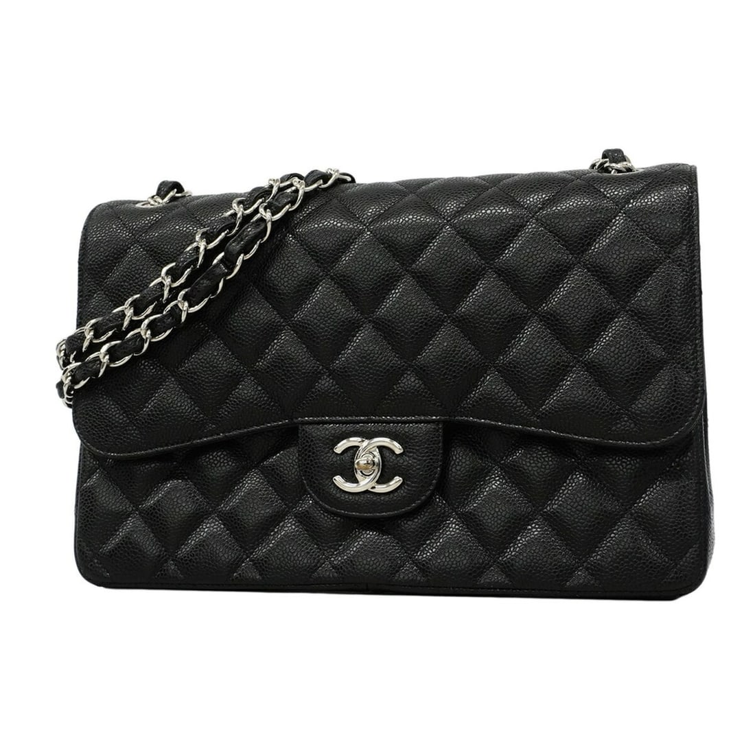 Chanel Shoulder Bag, Large Matelassé, Double Flap, Chain, Caviar Leather, Black, Women's: --- Catalog ---Category: SizeSize (HxWxD): 20cm x 29cm x 9cm / 7.87'' x 11.41'' x 3.54''Category: DesignType: Shoulder bagColor: BlackGender: WomenMaterial: Grained Calfskin Hardware Color: SilverCate