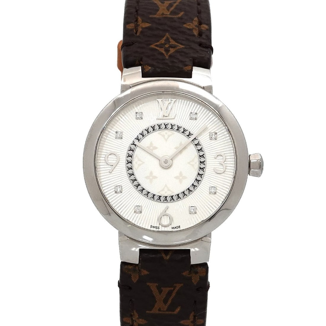 Louis Vuitton Tambour Q12MG Women's Watch, 8 Diamonds, Silver, Quartz Watch: --- Catalog ---Category: SizeWrist Size: 12.5cm - 16.5cm / 4.92'' - 6.49''Case Diameter: 28mm / 1.1''Category: DesignType: WristwatchGender: WomenColor (Dial): SilverMaterial (Band): LeatherMaterial (
