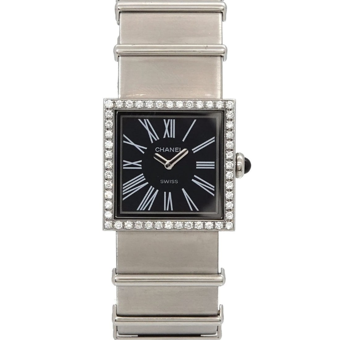 Chanel Mademoiselle H0875 Diamond Bezel Women's Watch Black Quartz: --- Catalog ---Category: SizeWrist Size: 15cm / 5.9''Case Diameter: 23mm / 0.91''Category: DesignType: WristwatchGender: WomenColor (Dial): BlackMaterial (Band): Stainless steelMaterial (Case): Stainl