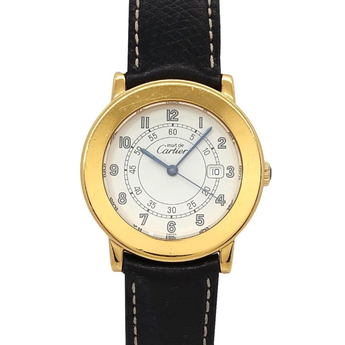 Cartier Must Ronde Vermeil LM W100844B Men's Watch, Date, Ivory, SV925 Quartz Watch: --- Catalog ---Category: SizeWrist Size: 18.5cm / 7.28''Case Diameter: 33mm / 1.3''Category: DesignType: WristwatchGender: MenColor (Dial): IvoryMaterial (Band): LeatherMaterial (Case): Gold plated, S