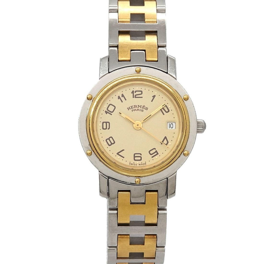 Hermes CL4 220 Women's Watch, Date, Ivory, Quartz Watch: --- Catalog ---Category: SizeWrist Size: 14.5cm / 5.7''Case Diameter: 24mm / 0.94''Category: DesignType: WristwatchGender: WomenColor (Dial): IvoryMaterial (Band): Gold plated, Stainless steelMaterial