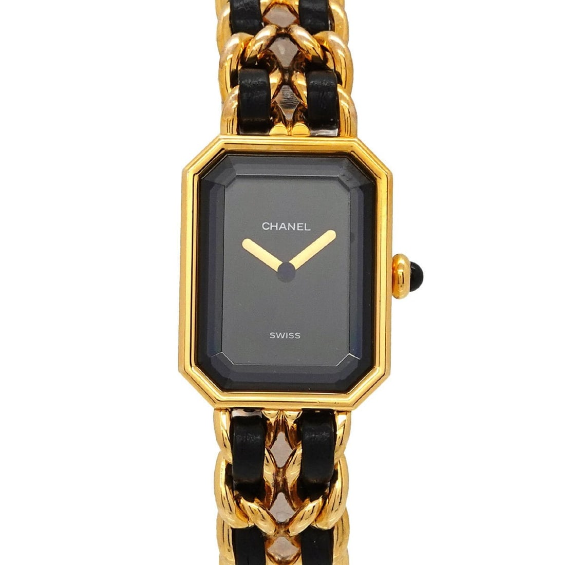 Chanel Premiere H0001 Women's Watch, Size M, Black & Gold, Quartz Movement.: --- Catalog ---Category: SizeWrist Size: 15cm / 5.9''Case Diameter: 20mm / 0.79''Category: DesignType: WristwatchGender: WomenColor (Dial): BlackMaterial (Band): Gold plated, Leather, Stainless steelM